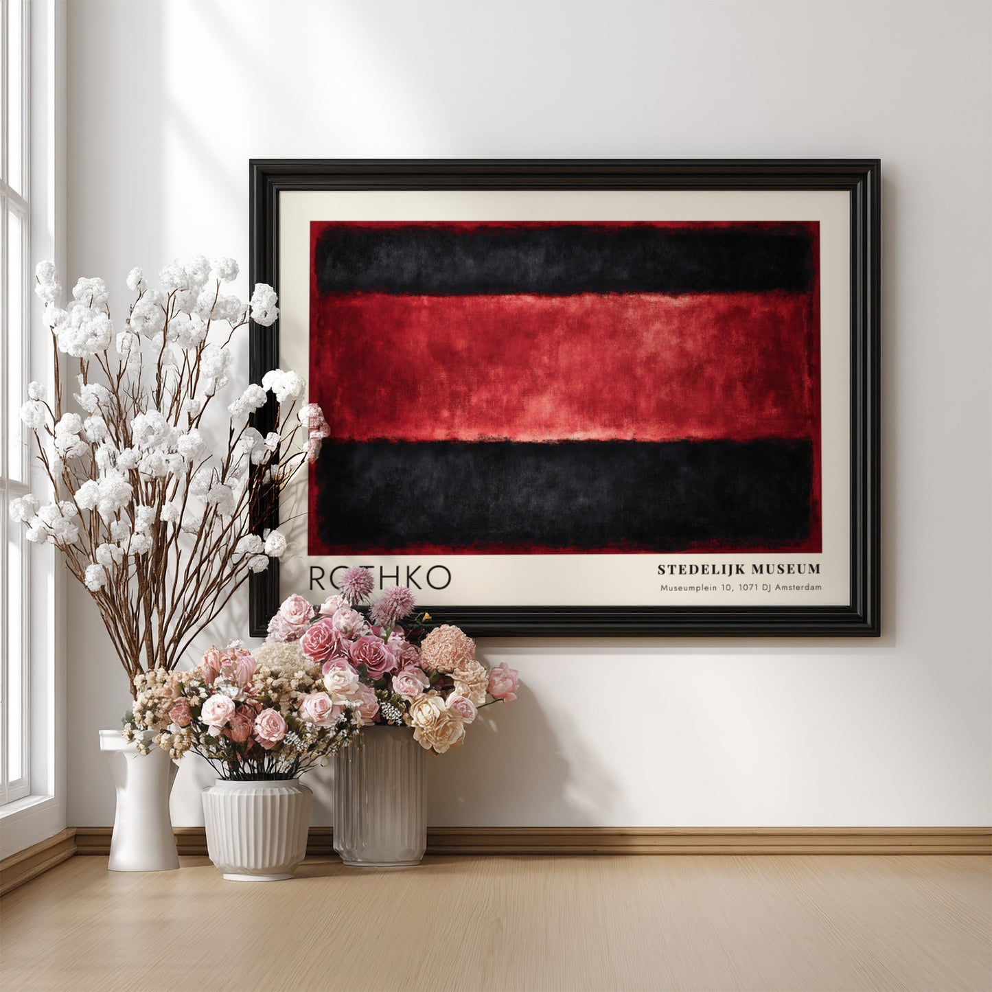 Wall art poster featuring Mark Rothko Veld en Stilte with black and red bands.