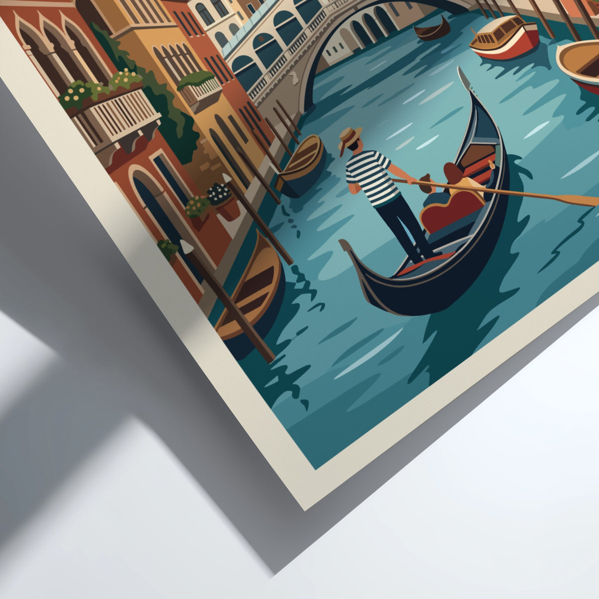 Venice Italy travel poster featuring a gondolier on a canal with Rialto Bridge