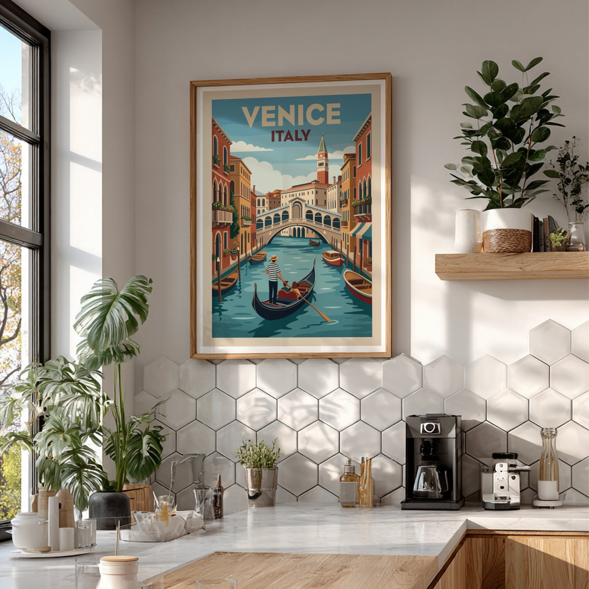 Venice Italy travel poster featuring a gondolier on a canal with Rialto Bridge