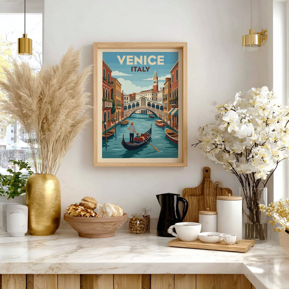 Venice Italy travel poster featuring a gondolier on a canal with Rialto Bridge