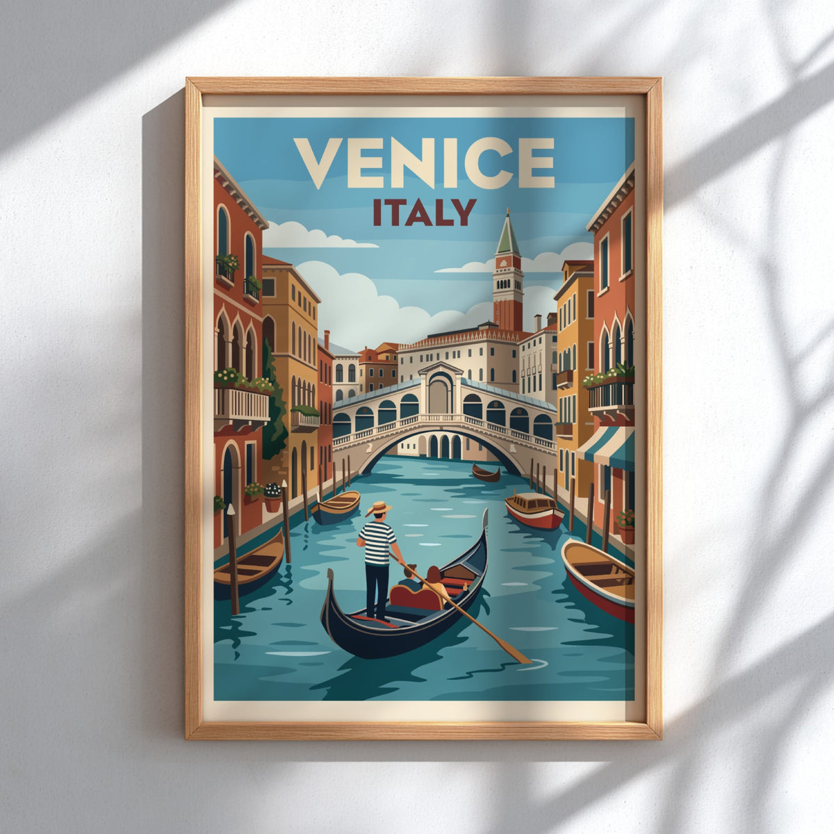 Venice Italy travel poster featuring a gondolier on a canal with Rialto Bridge