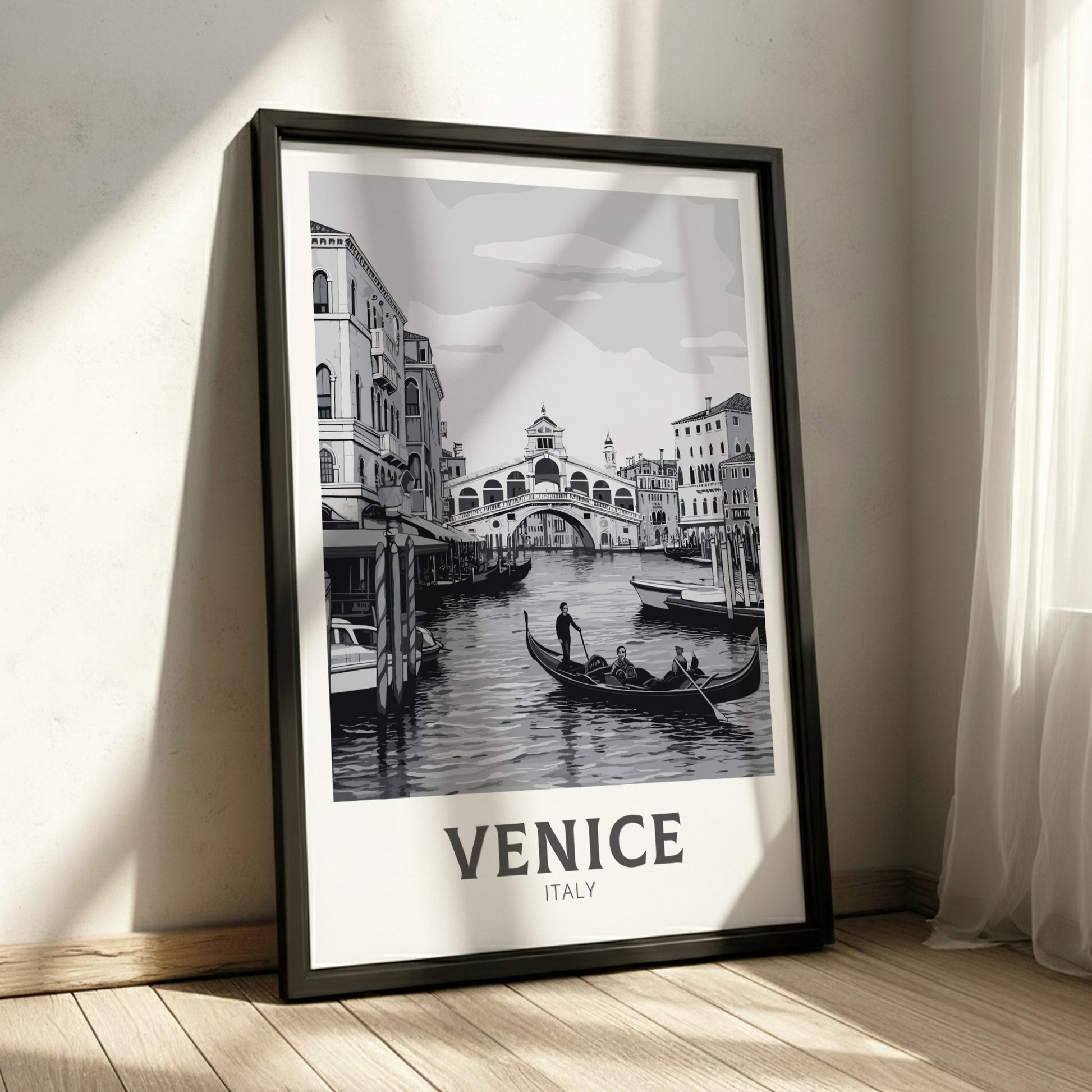 Venice black and white travel poster on a black frame