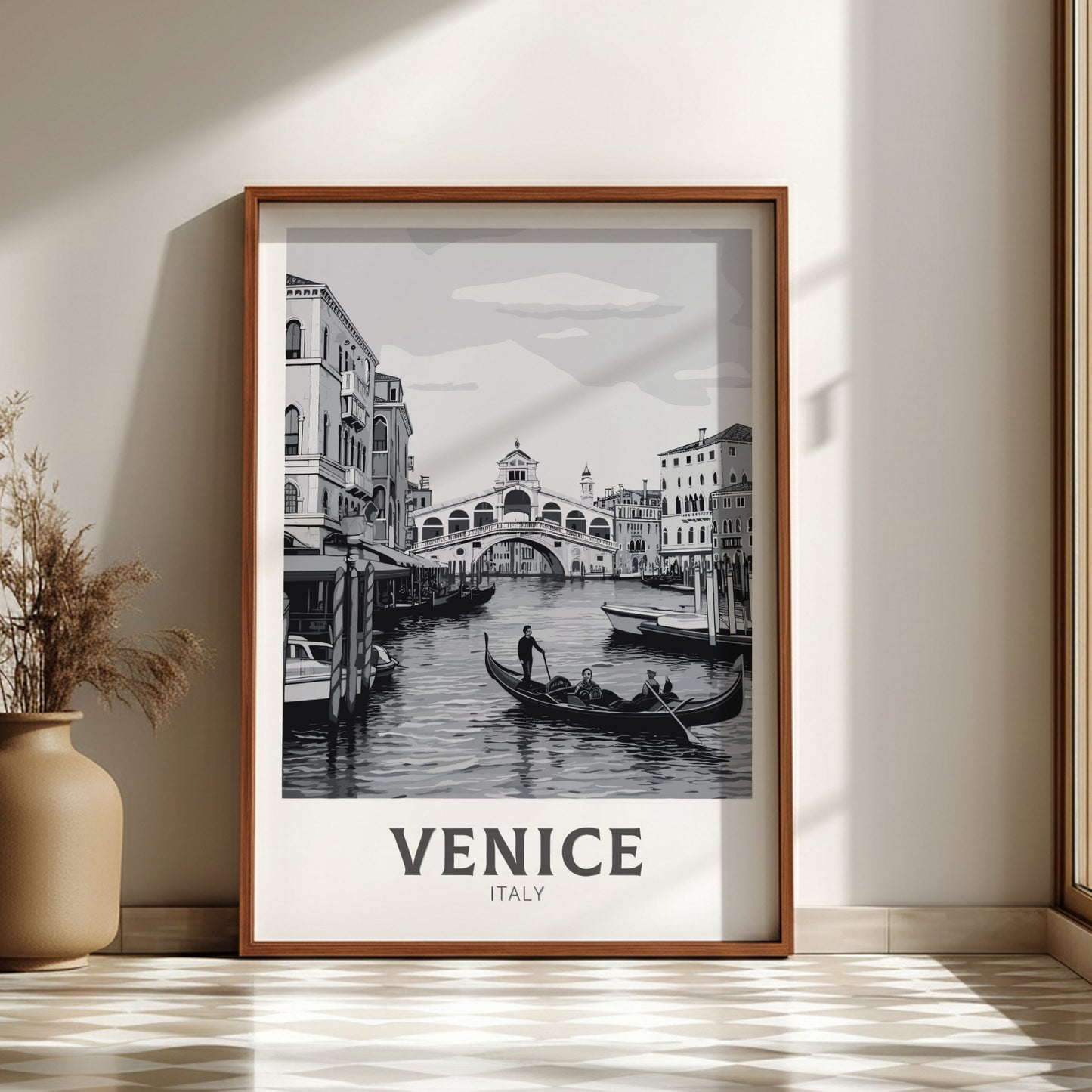 Venice black and white travel poster on a dark wood frame