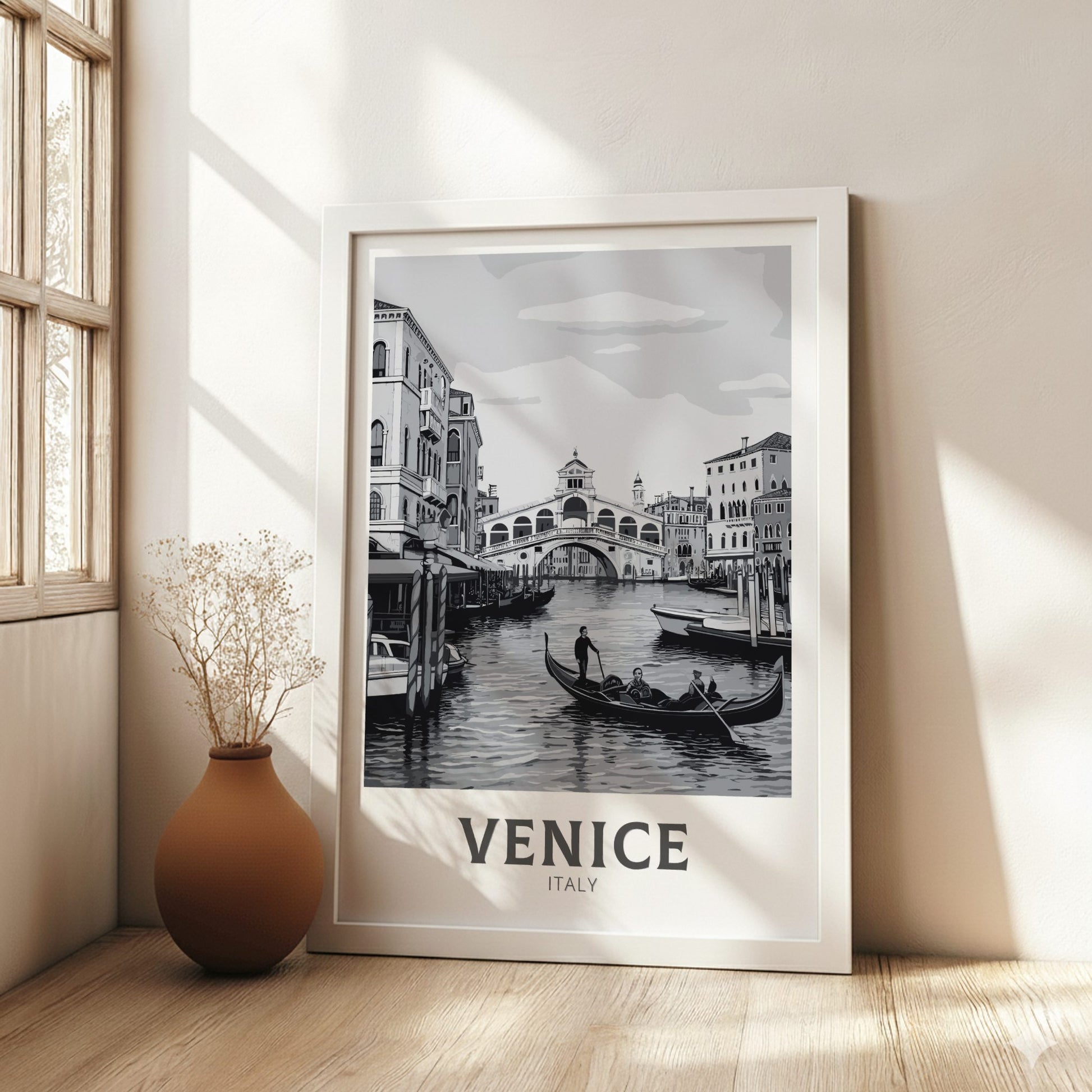 Venice black and white travel poster on a white frame