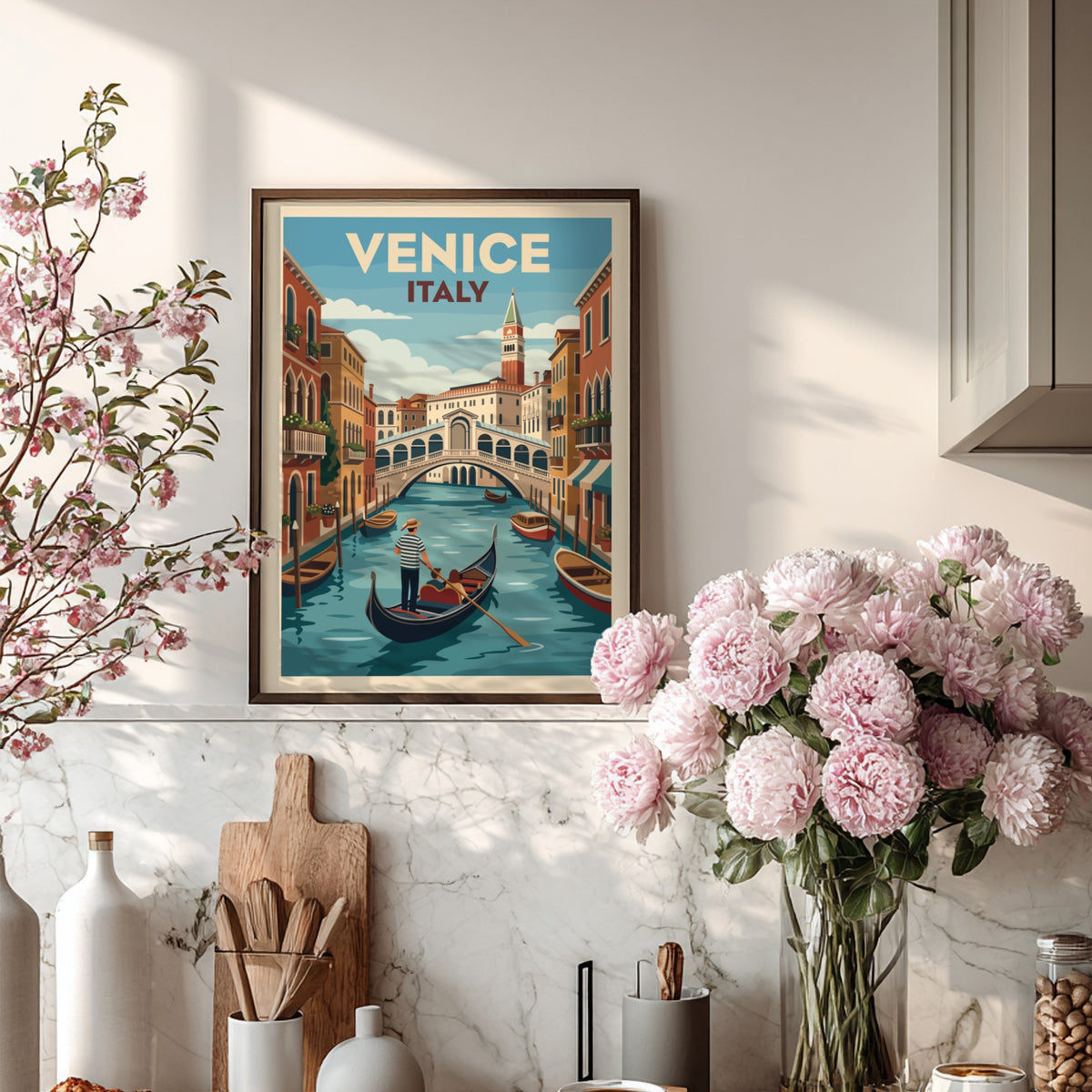 Venice Italy travel poster featuring a gondolier on a canal with Rialto Bridge