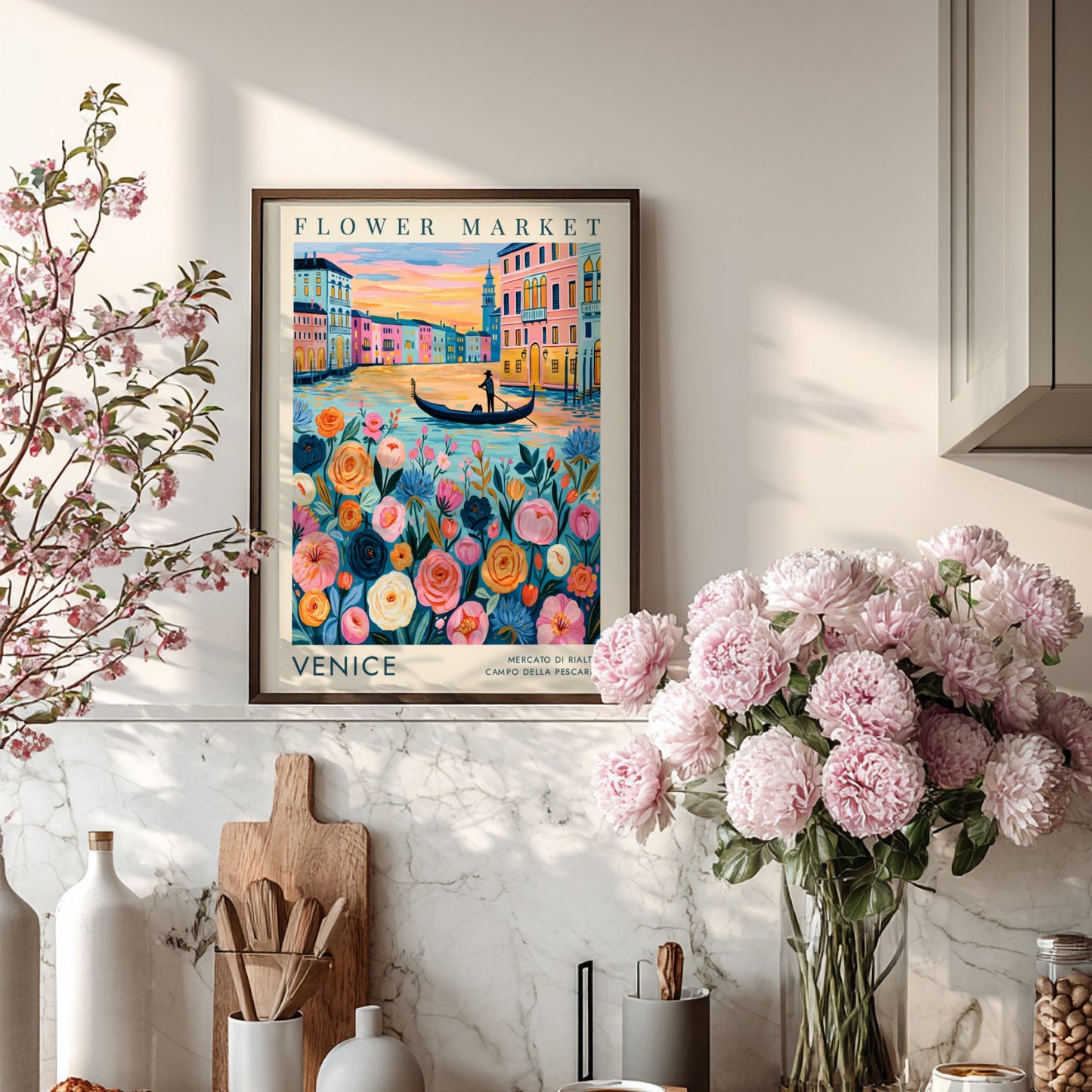 Flower market poster featuring vibrant colors and a cityscape of Venice, perfect for home decor and travel