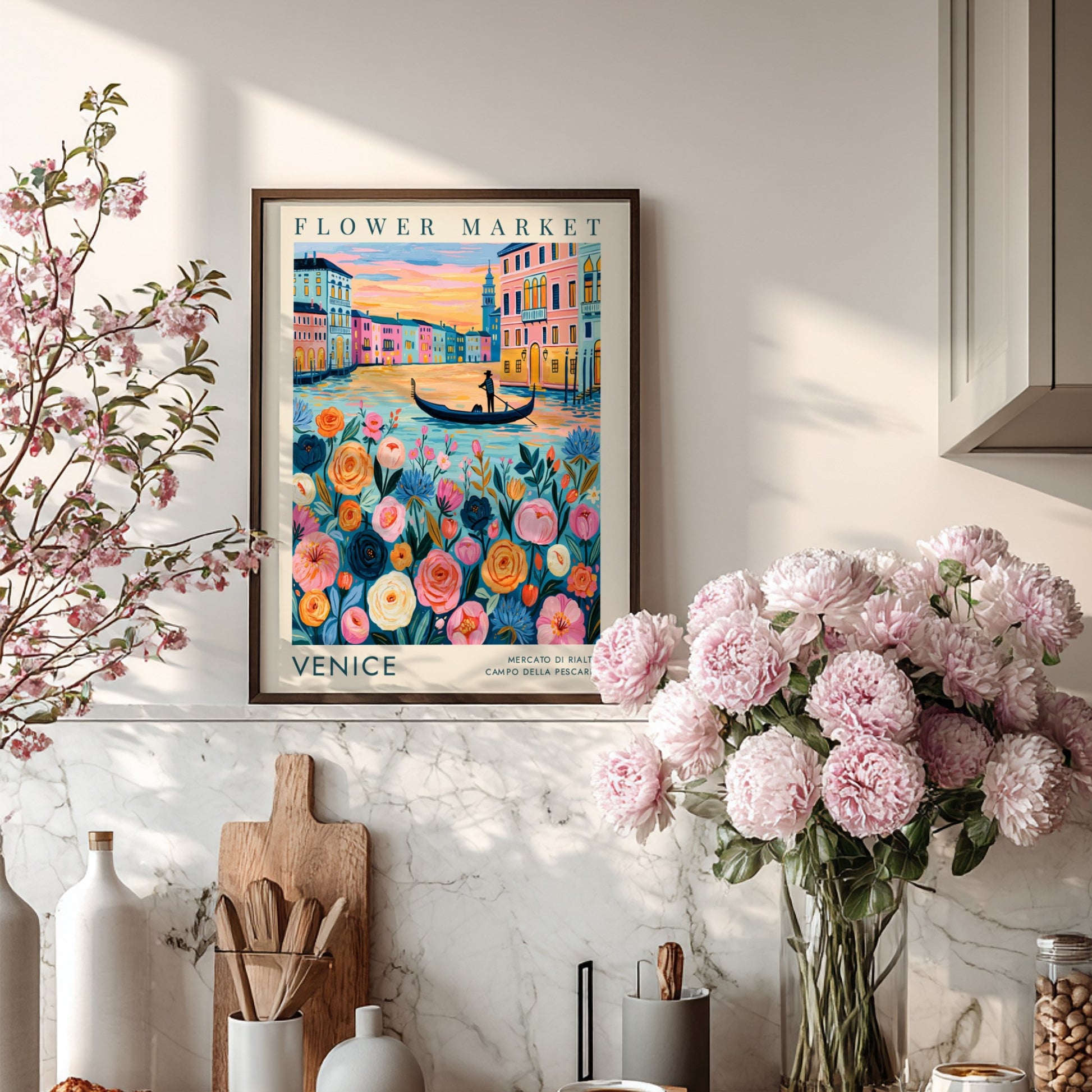 Flower market poster featuring vibrant colors and a cityscape of Venice, perfect for home decor and travel