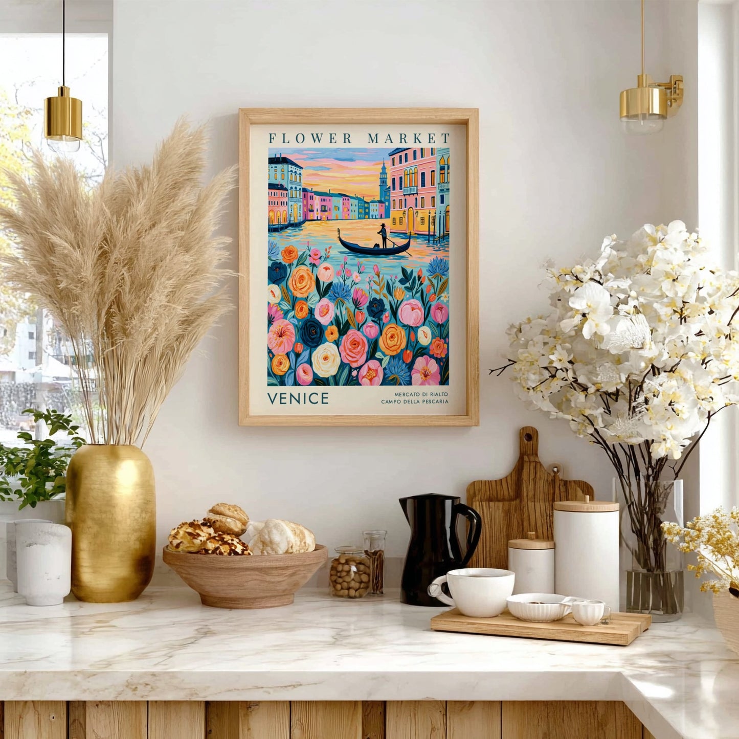 Flower market poster featuring vibrant colors and a cityscape of Venice, perfect for home decor and travel