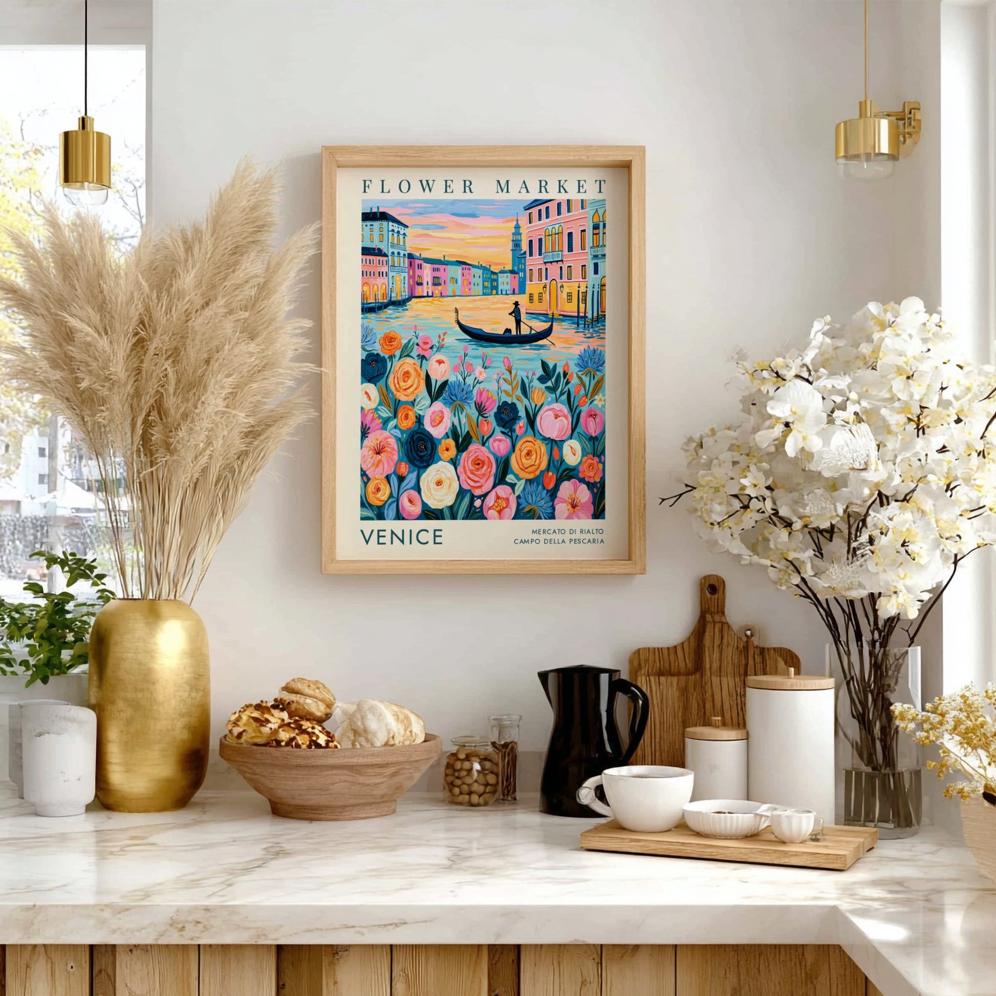 Flower market poster featuring vibrant colors and a cityscape of Venice, perfect for home decor and travel
