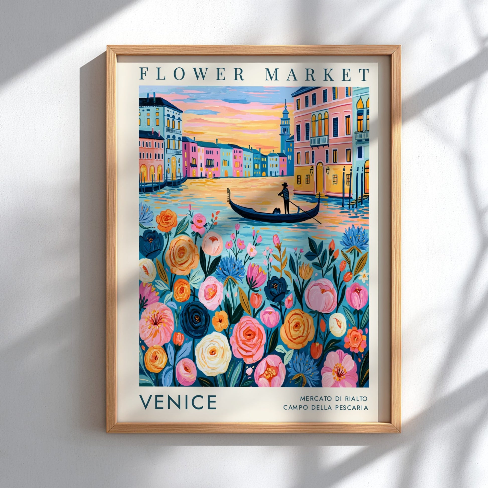 Flower market poster featuring vibrant colors and a cityscape of Venice, perfect for home decor and travel