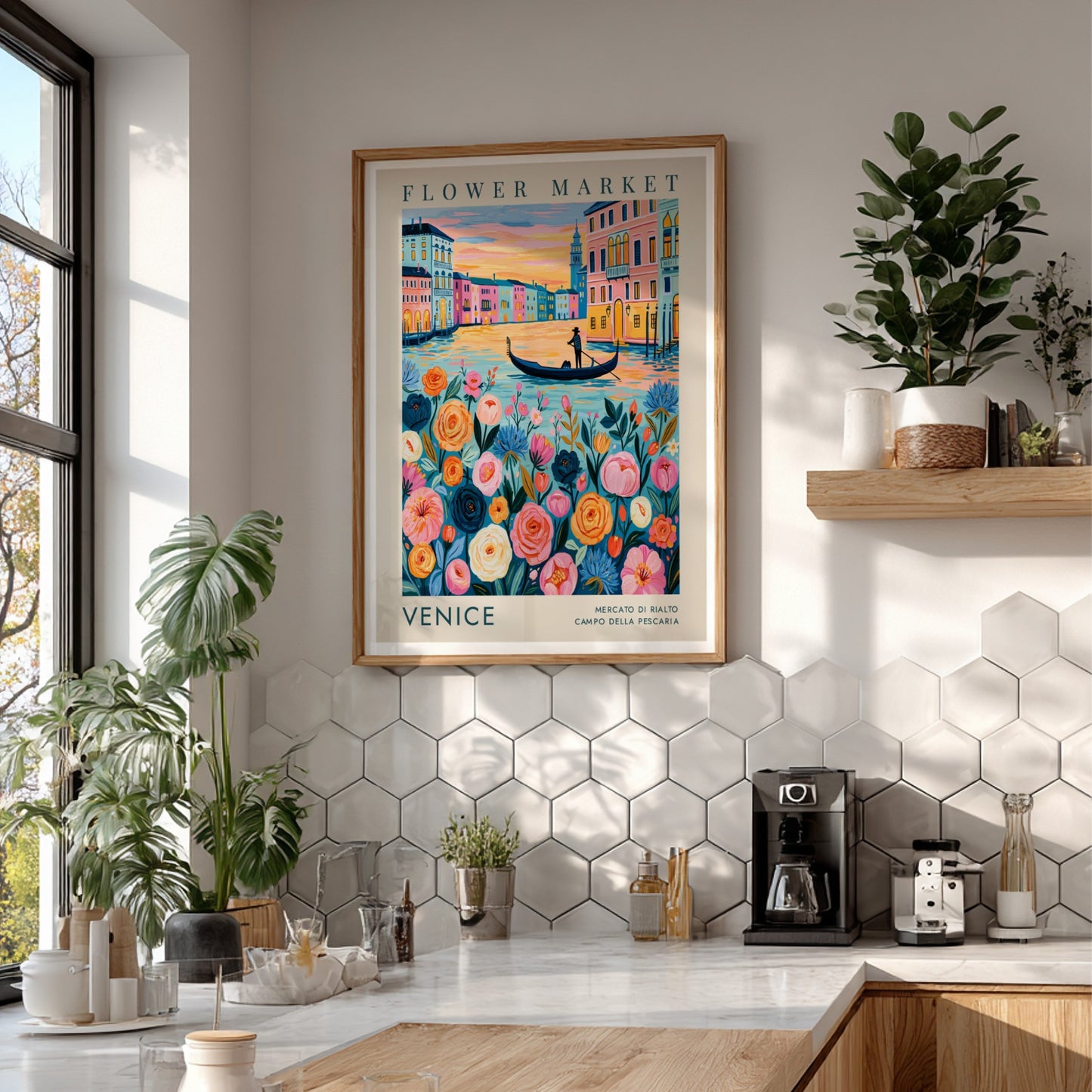 Flower market poster featuring vibrant colors and a cityscape of Venice, perfect for home decor and travel
