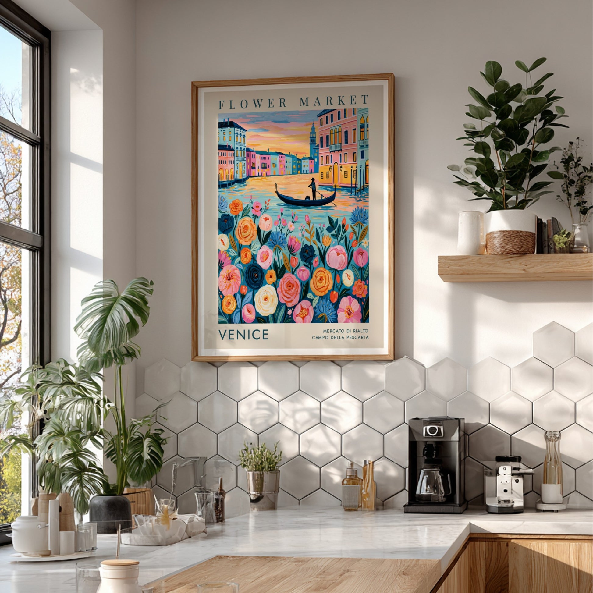Flower market poster featuring vibrant colors and a cityscape of Venice, perfect for home decor and travel