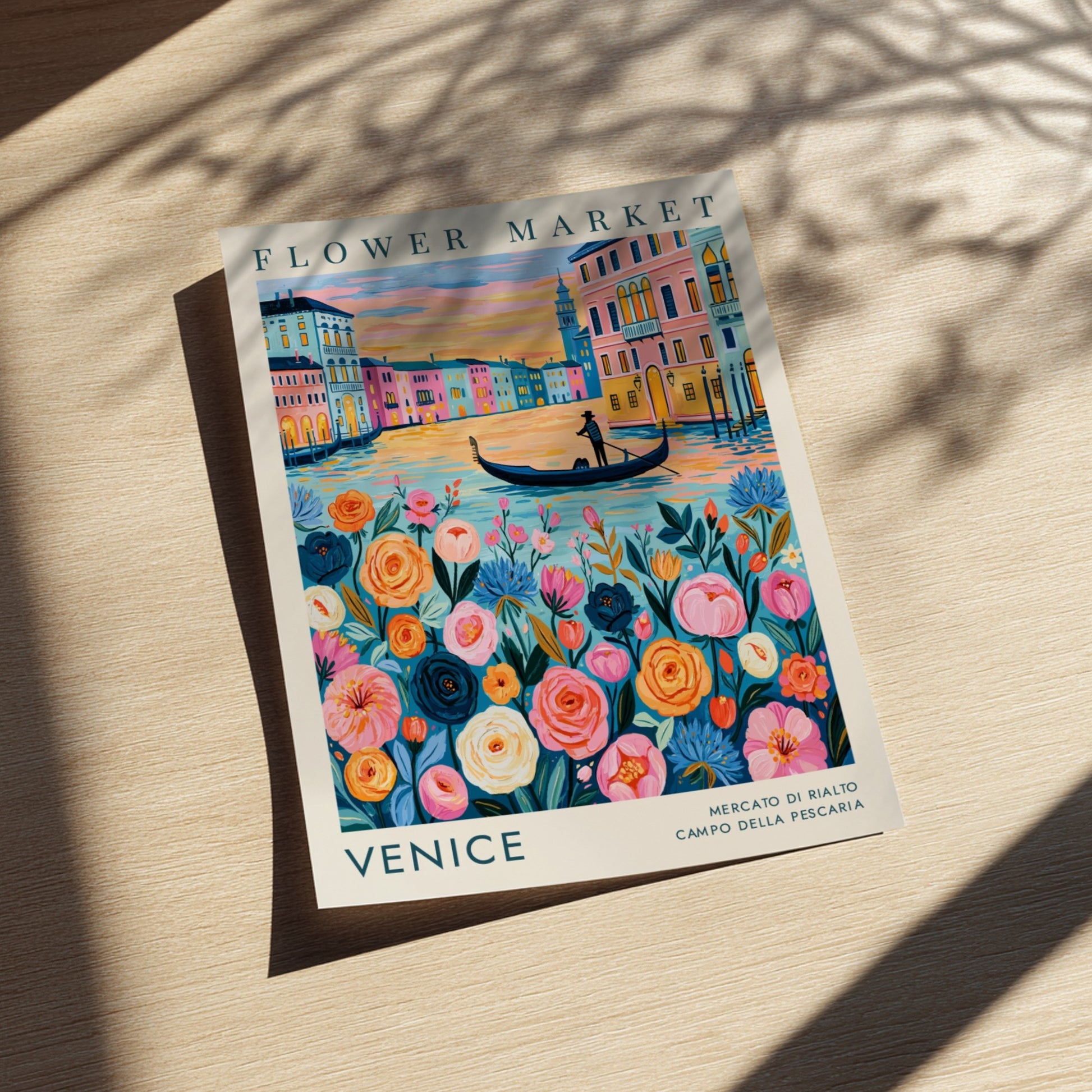 Flower market poster featuring vibrant colors and a cityscape of Venice, perfect for home decor and travel
