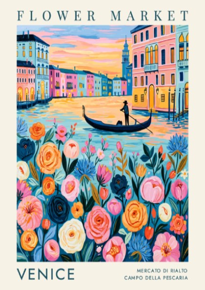 Flower market poster featuring vibrant colors and a cityscape of Venice, perfect for home decor and travel