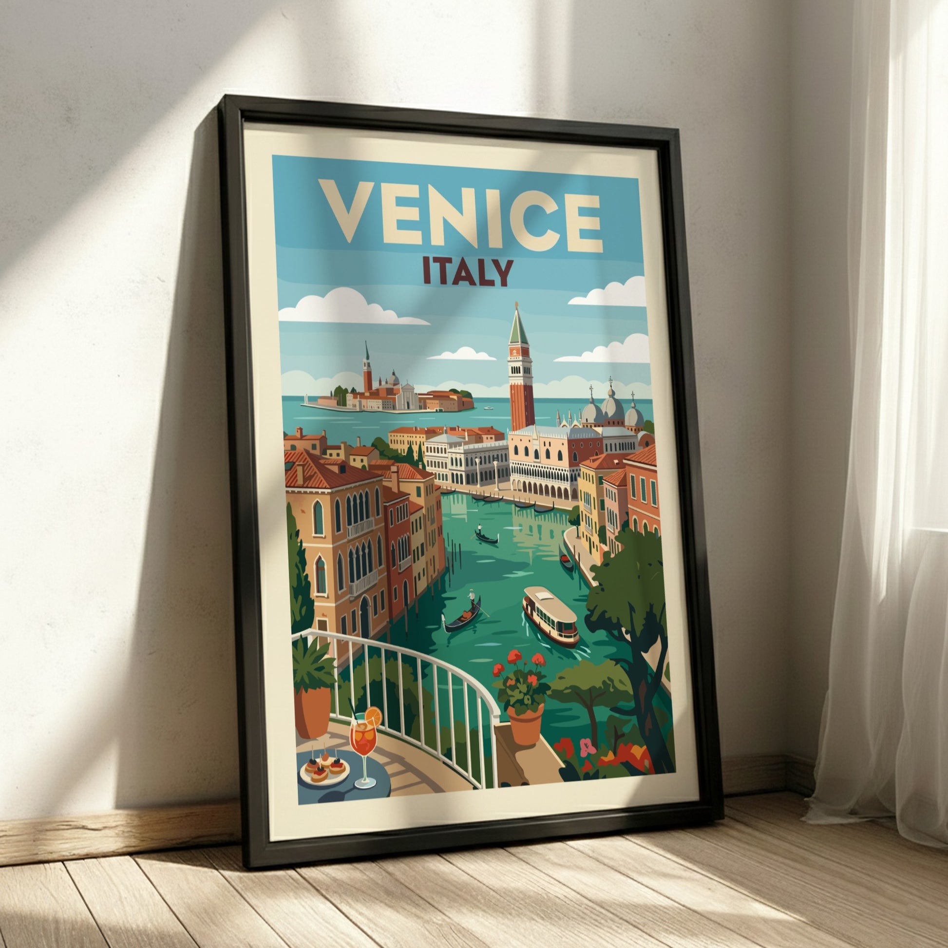 Venice Italy travel poster print of a canal with gondolas and colourful buildings in a vintage illustration