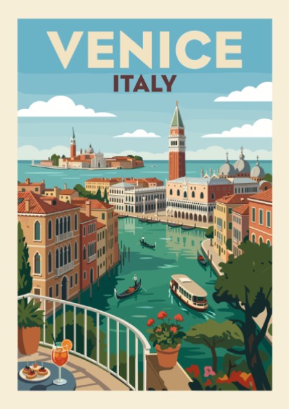 Venice Italy travel poster print of a canal with gondolas and colourful buildings in a vintage illustration