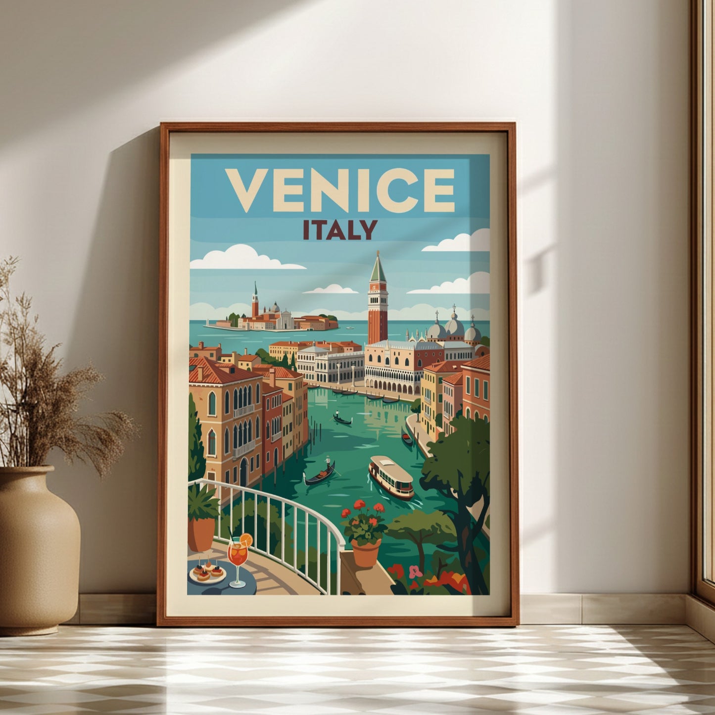 Venice Italy travel poster print of a canal with gondolas and colourful buildings in a vintage illustration