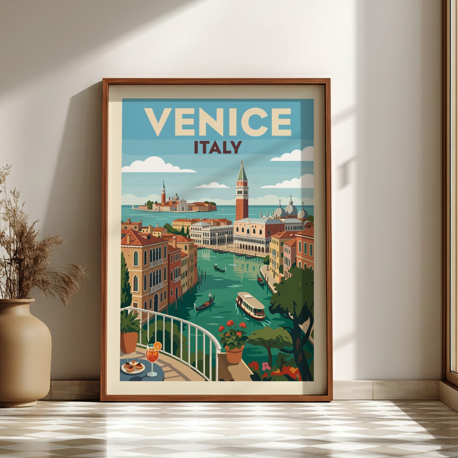 Venice Italy travel poster print of a canal with gondolas and colourful buildings in a vintage illustration