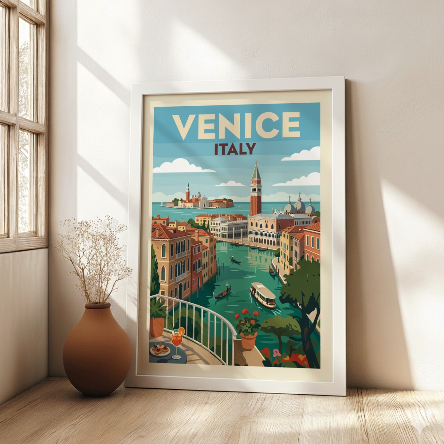Venice Italy travel poster print of a canal with gondolas and colourful buildings in a vintage illustration