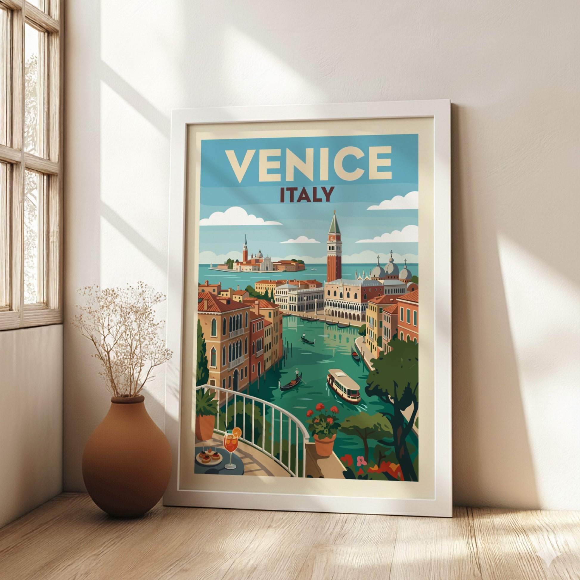 Venice Italy travel poster print of a canal with gondolas and colourful buildings in a vintage illustration