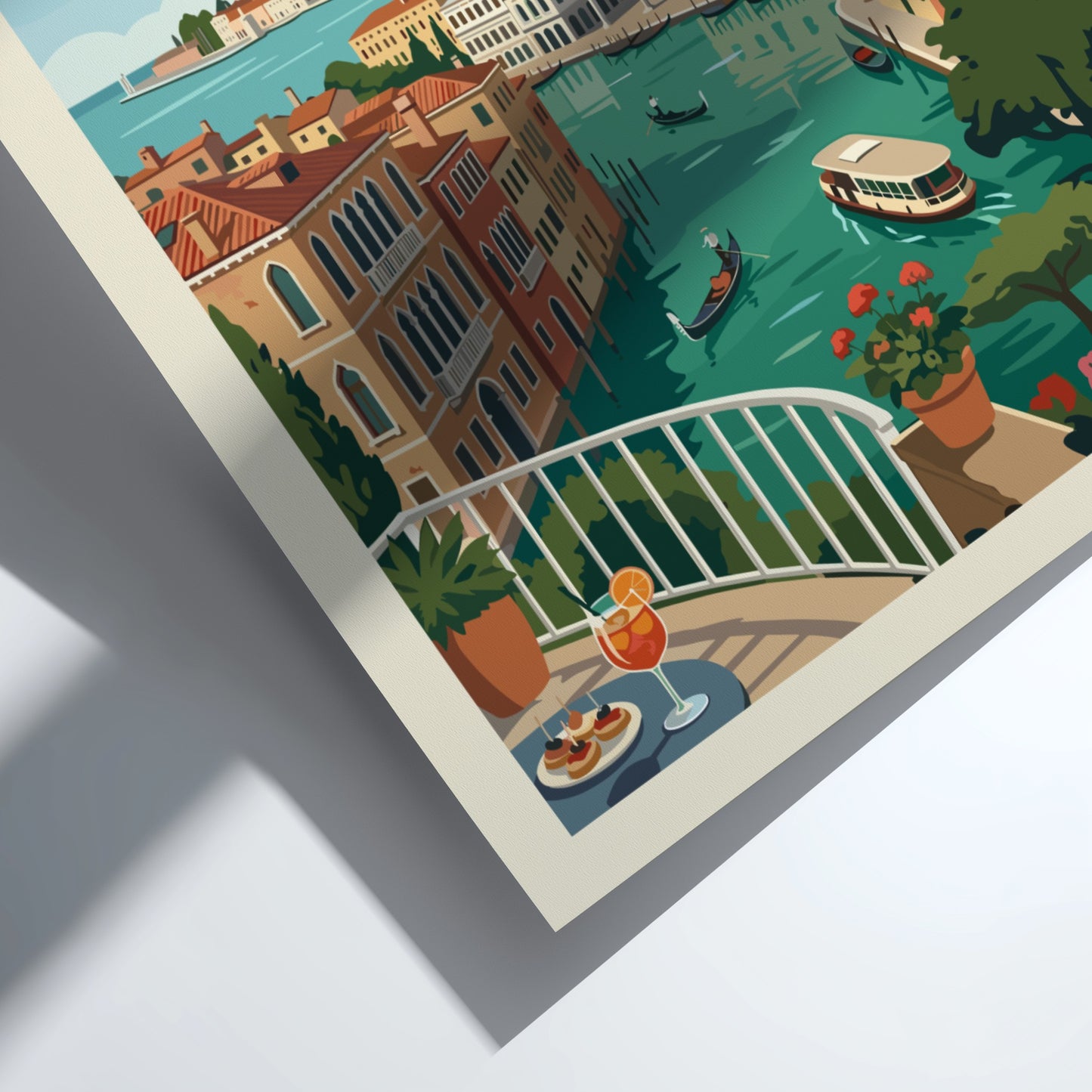 Venice Italy travel poster print of a canal with gondolas and colourful buildings in a vintage illustration