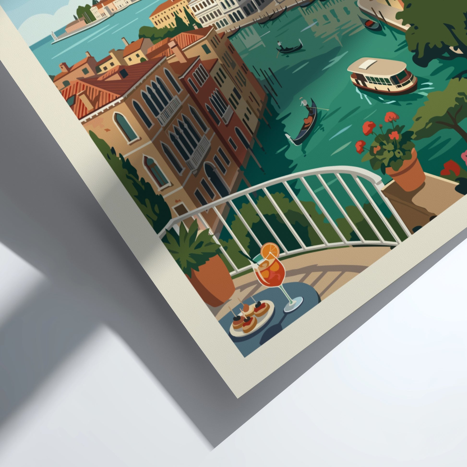 Venice Italy travel poster print of a canal with gondolas and colourful buildings in a vintage illustration