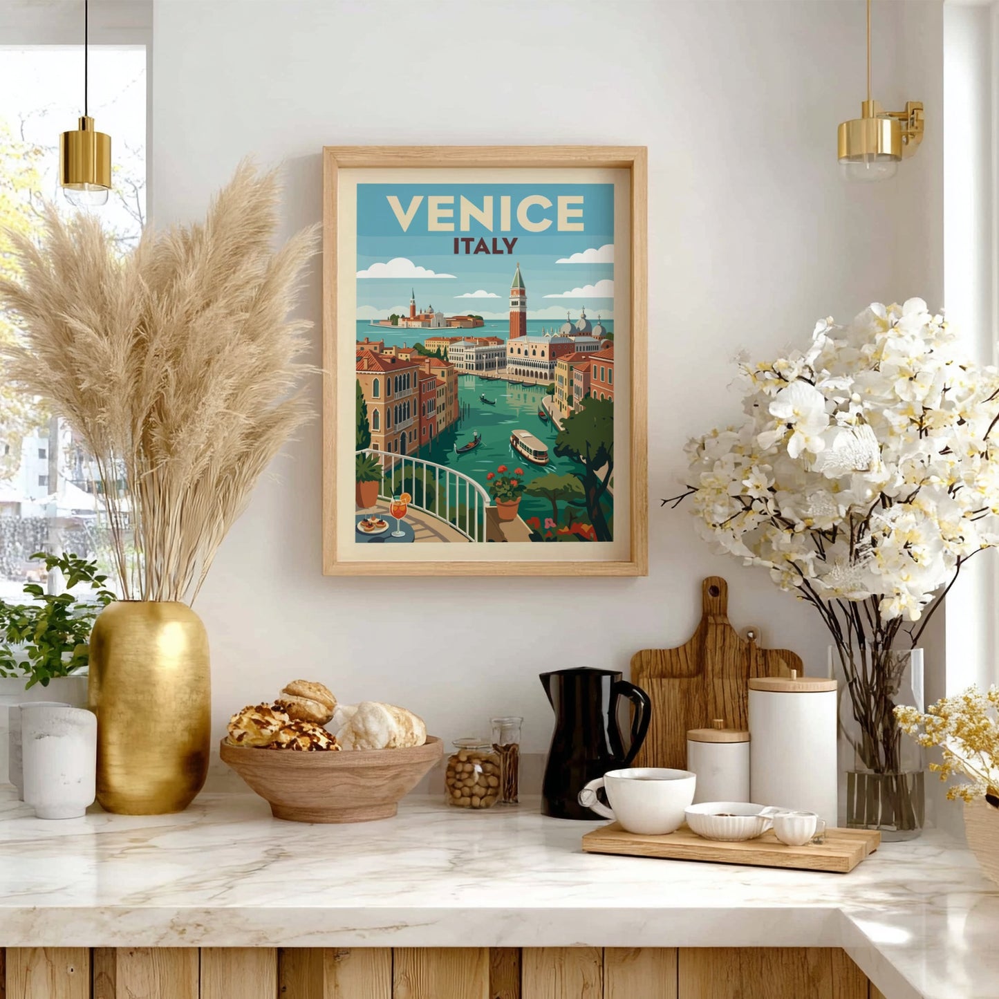 Venice Italy travel poster print of a canal with gondolas and colourful buildings in a vintage illustration