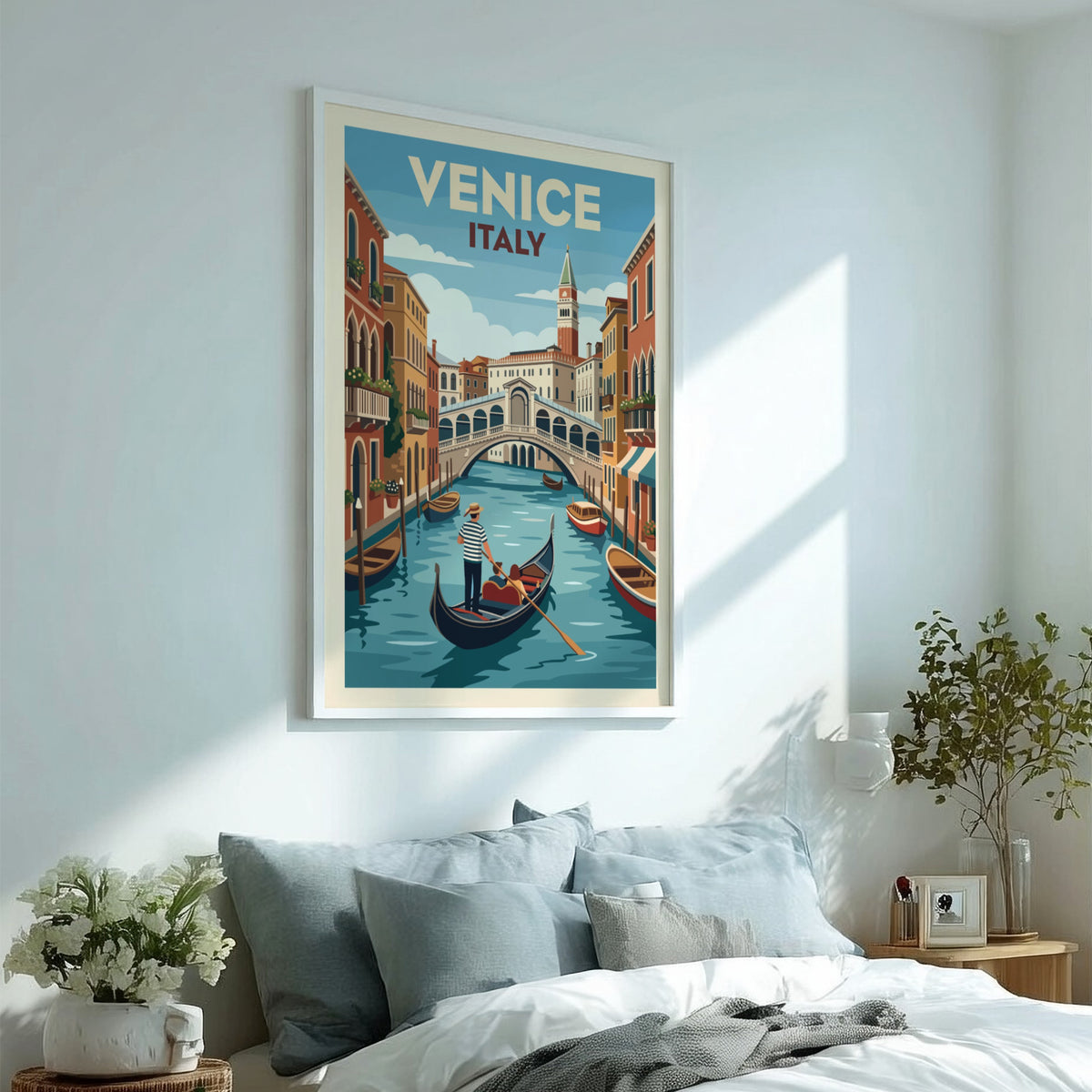 Venice Italy travel poster featuring a gondolier on a canal with Rialto Bridge