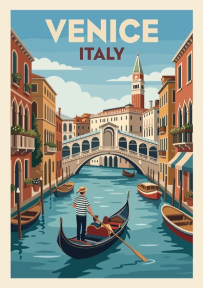 Venice Italy travel poster featuring a gondolier on a canal with Rialto Bridge