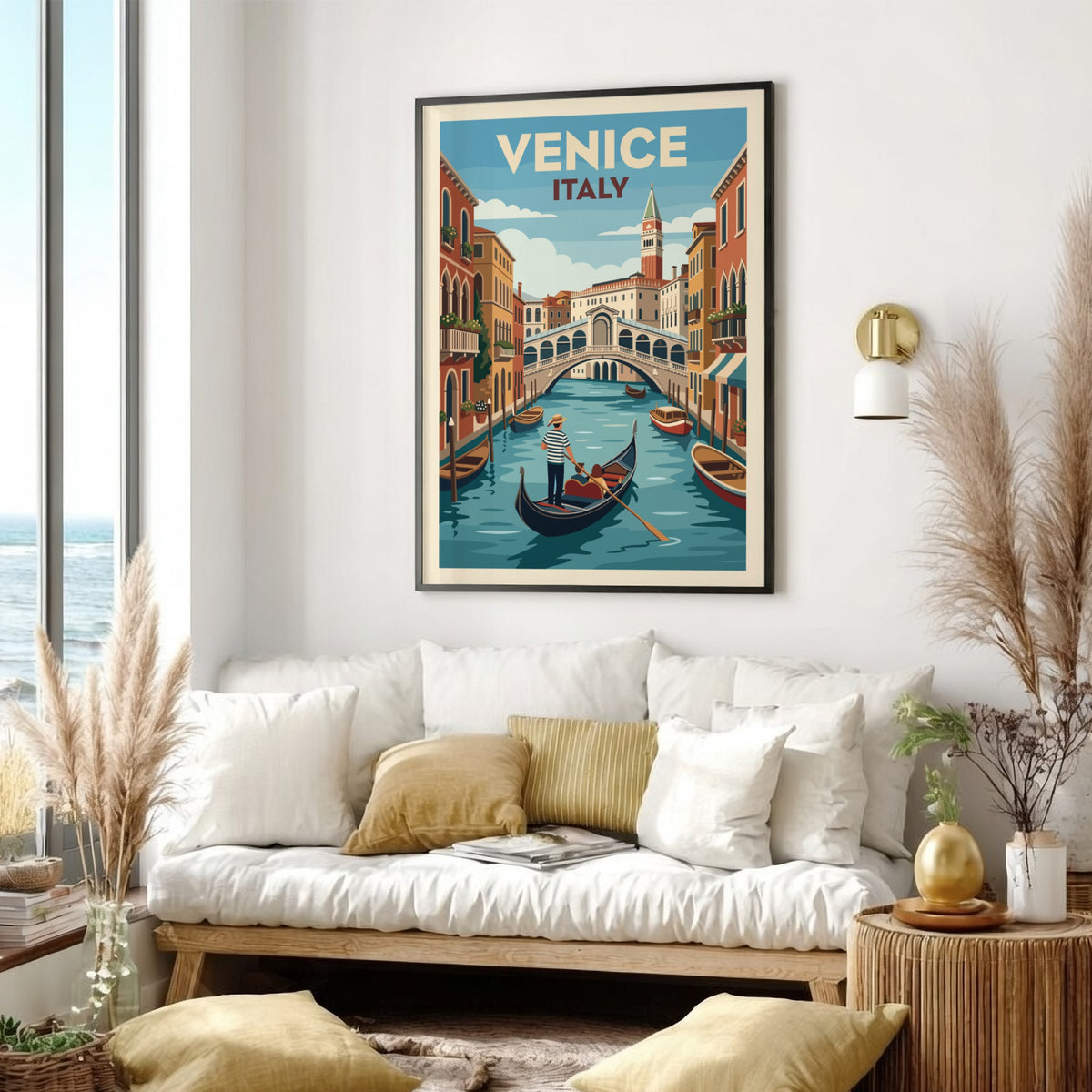 Venice Italy travel poster featuring a gondolier on a canal with Rialto Bridge