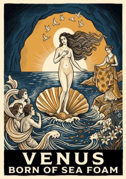 Poster featuring Venus in a shell with deep blue and gold mythological imagery