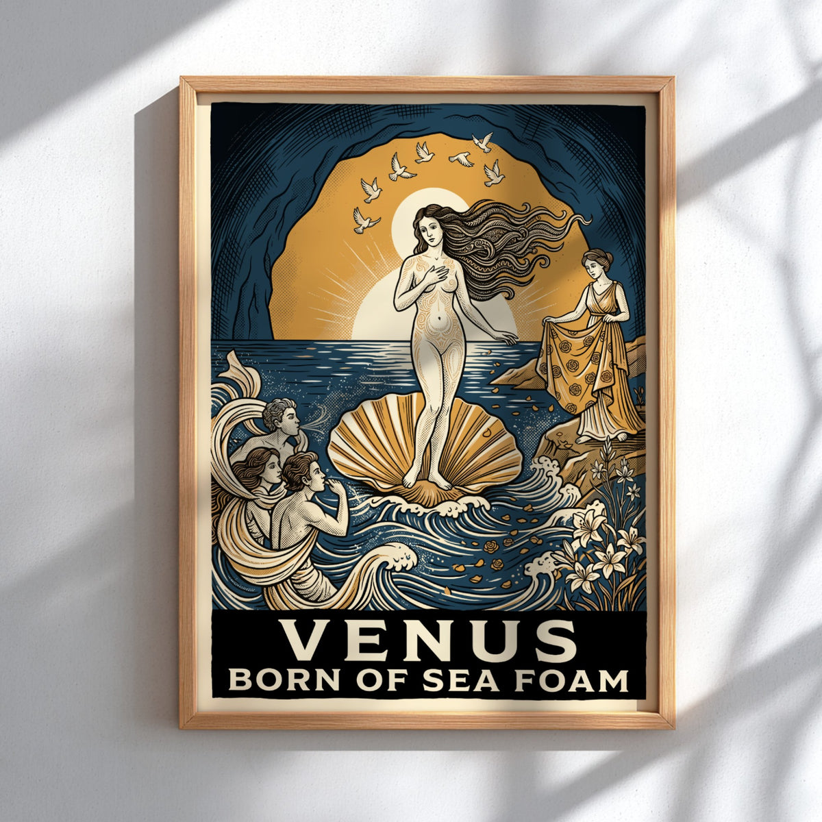 Poster featuring Venus in a shell with deep blue and gold mythological imagery
