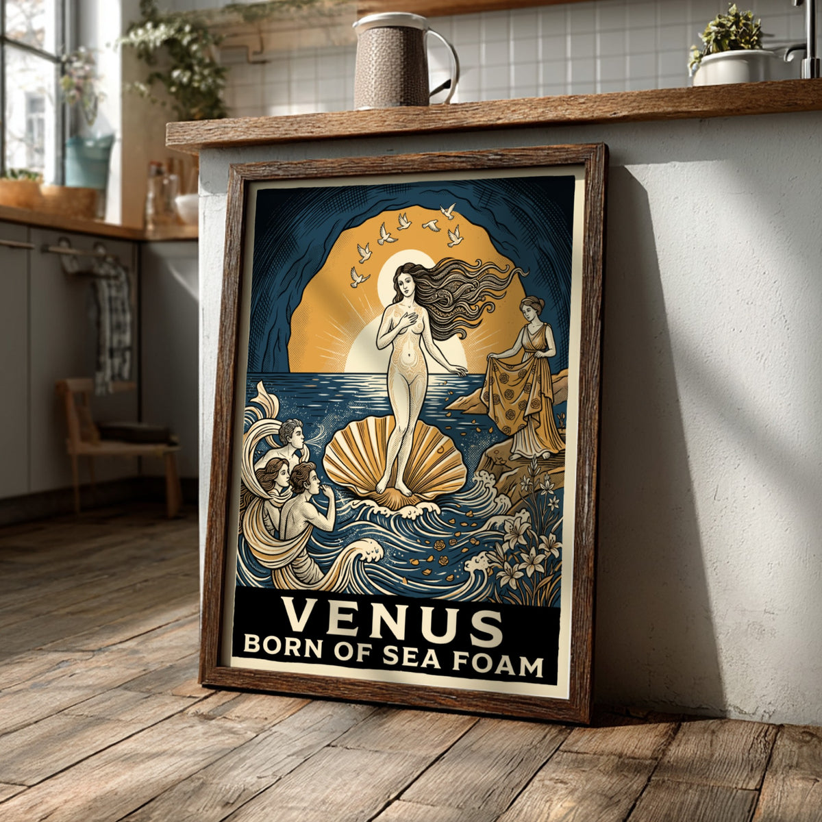 Poster featuring Venus in a shell with deep blue and gold mythological imagery