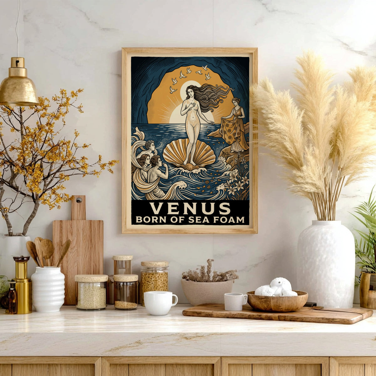 Poster featuring Venus in a shell with deep blue and gold mythological imagery