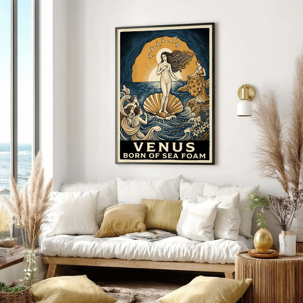 Poster featuring Venus in a shell with deep blue and gold mythological imagery