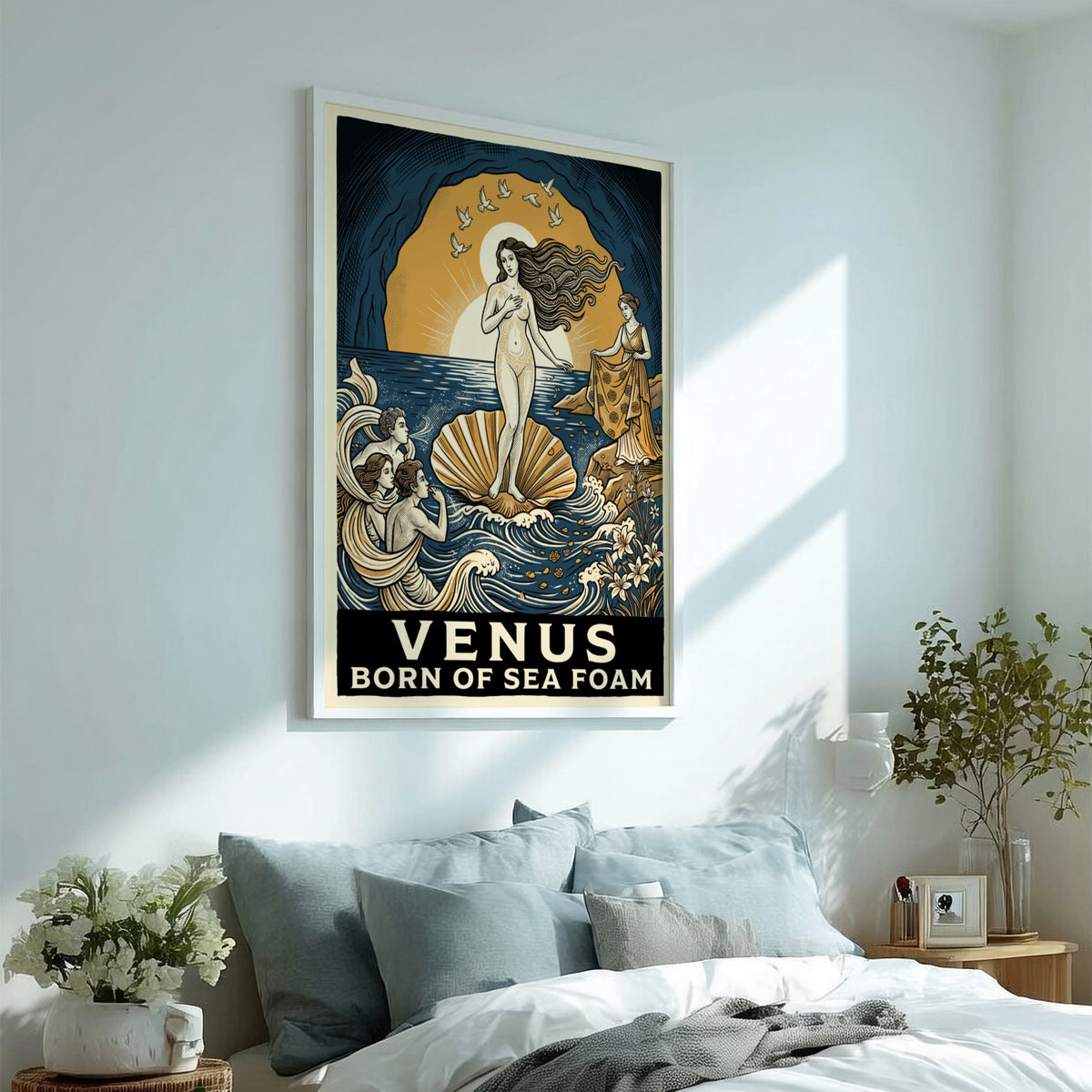 Poster featuring Venus in a shell with deep blue and gold mythological imagery