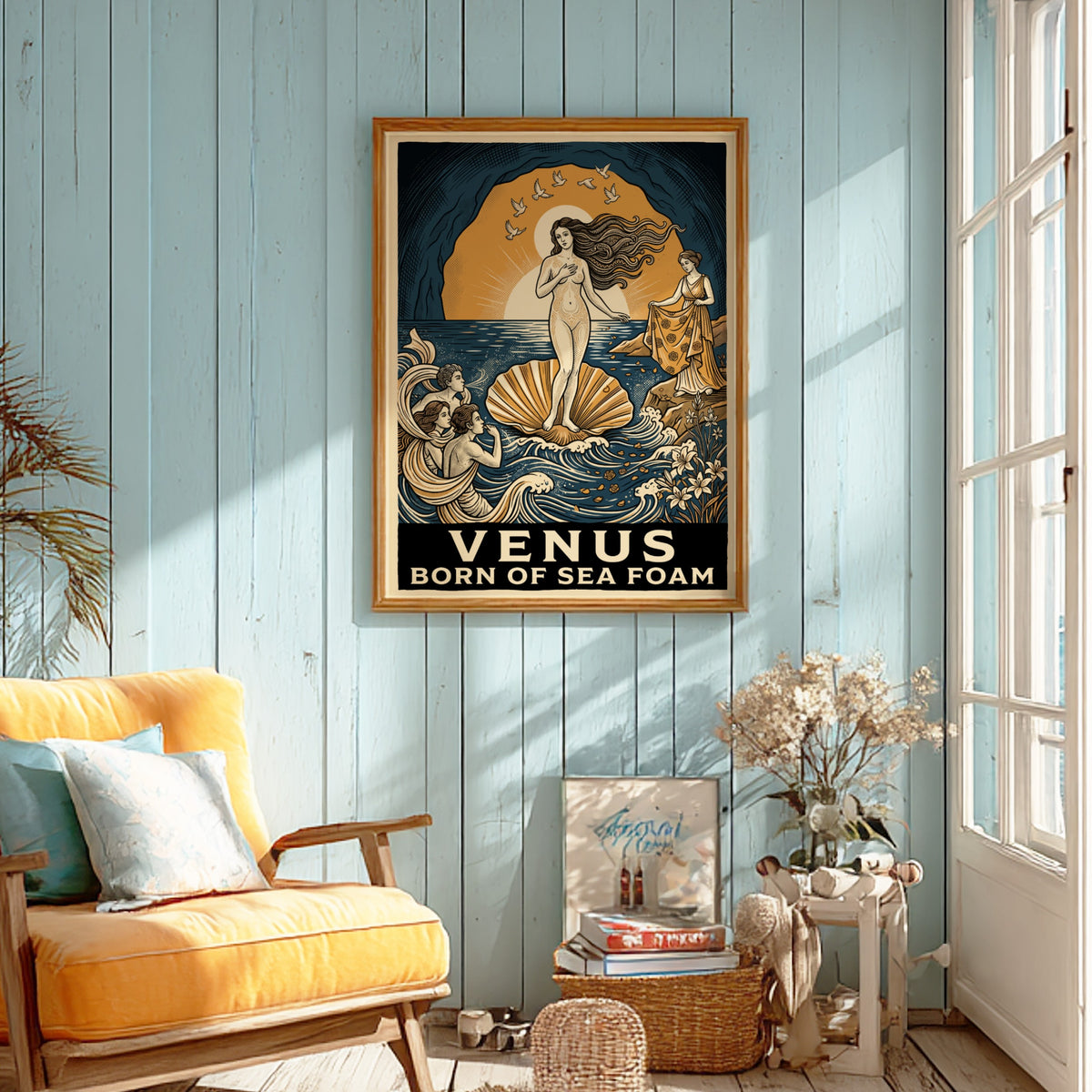 Poster featuring Venus in a shell with deep blue and gold mythological imagery