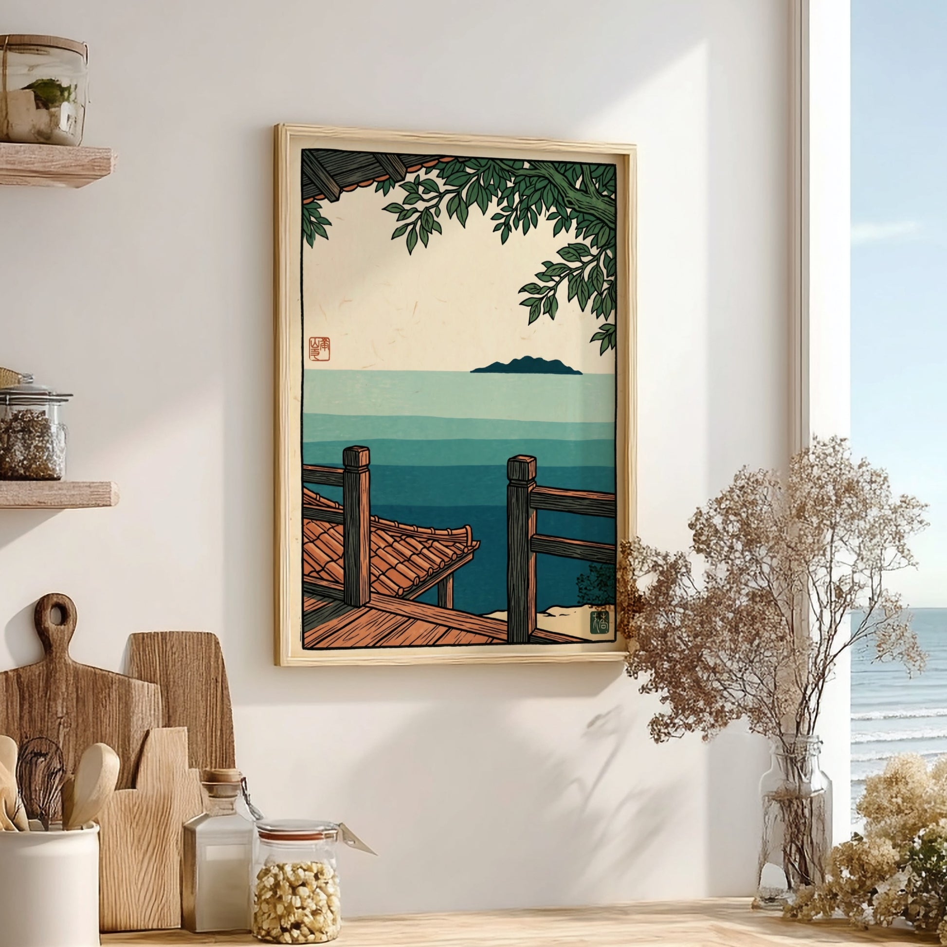 Japanese art style poster featuring a serene ocean view with a wooden veranda and distant island in soft blue