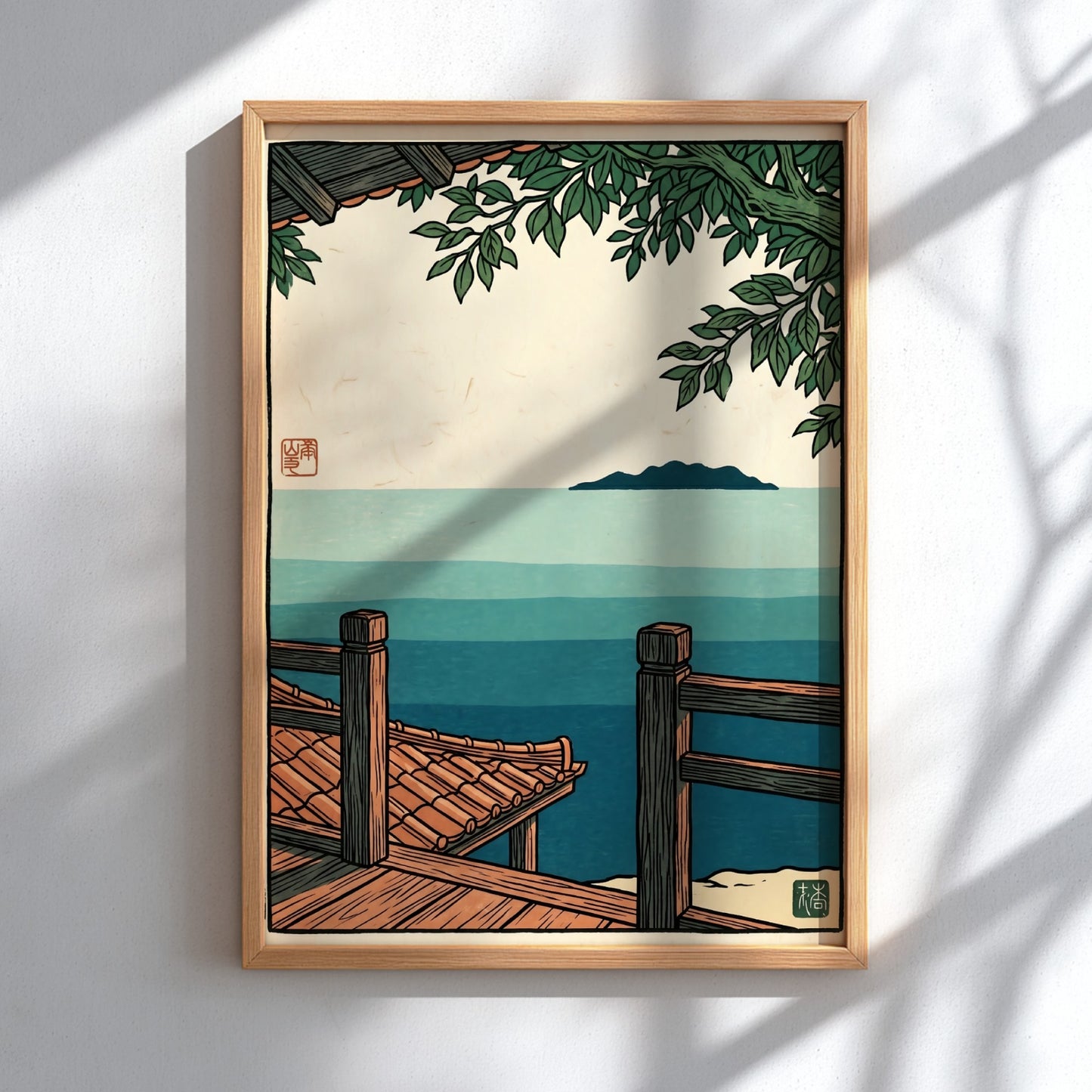 Japanese art style poster featuring a serene ocean view with a wooden veranda and distant island in soft blue