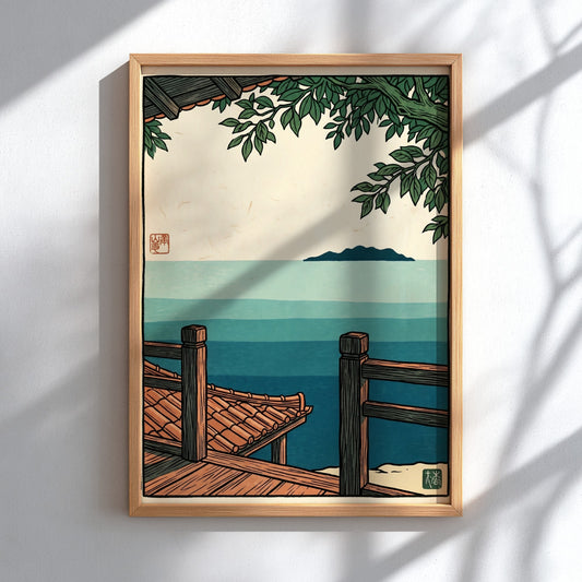 Japanese art style poster featuring a serene ocean view with a wooden veranda and distant island in soft blue