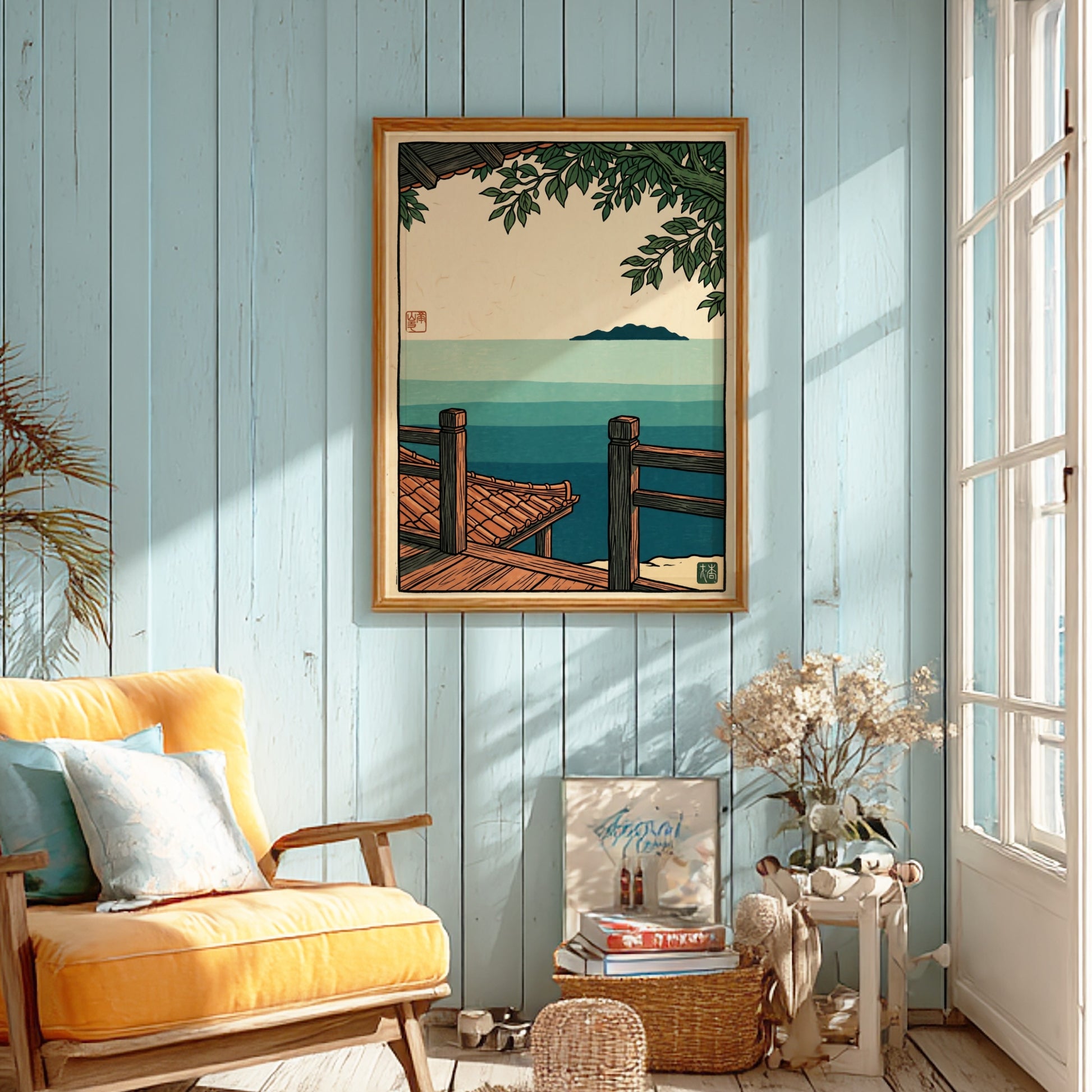 Japanese art style poster featuring a serene ocean view with a wooden veranda and distant island in soft blue