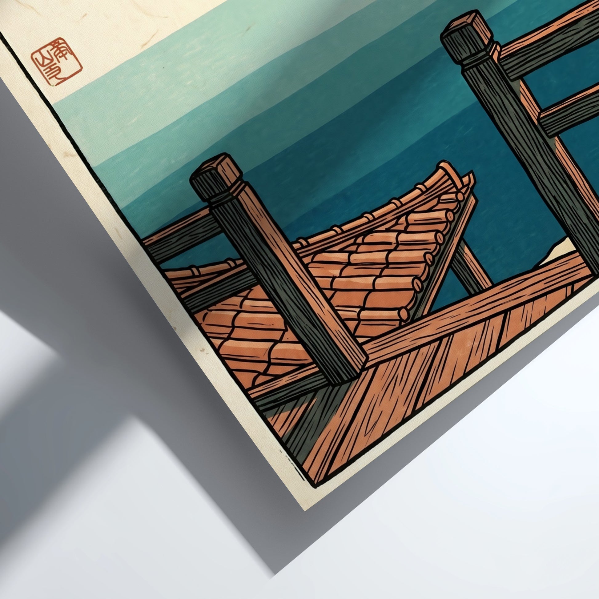 Japanese art style poster featuring a serene ocean view with a wooden veranda and distant island in soft blue