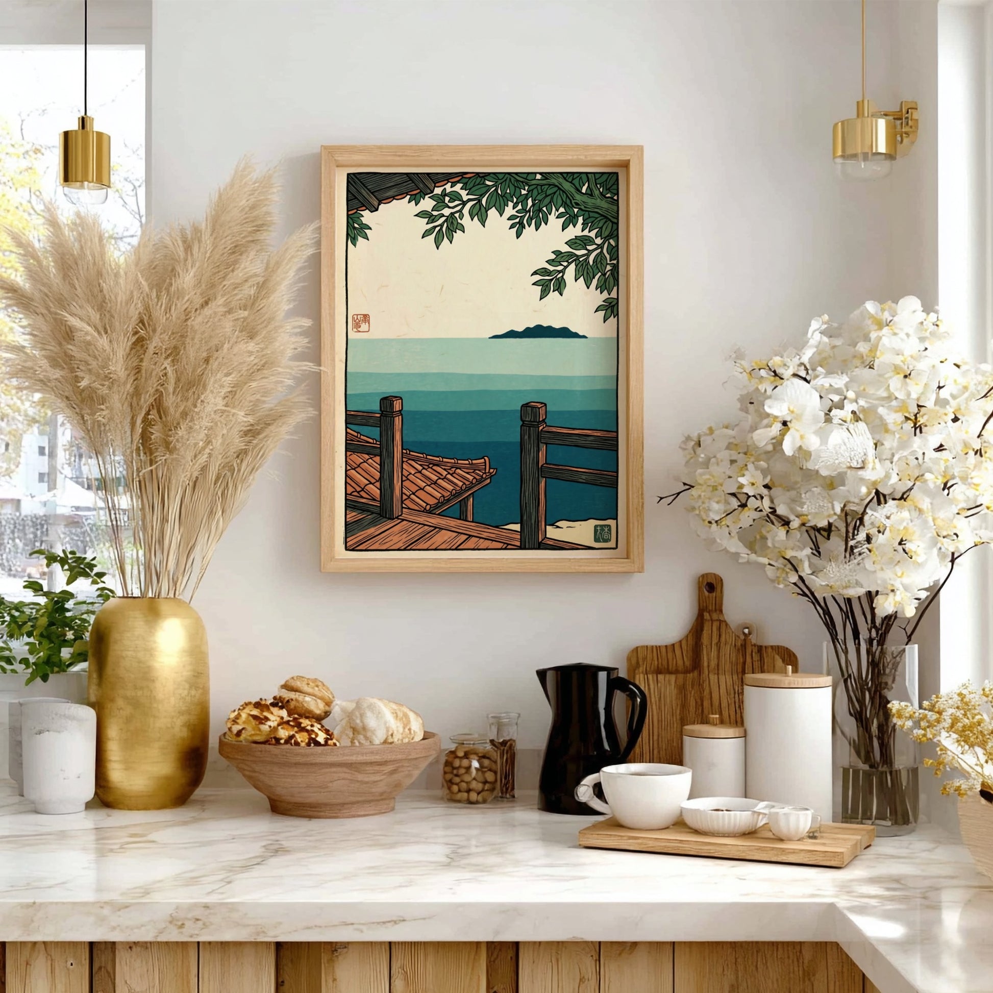 Japanese art style poster featuring a serene ocean view with a wooden veranda and distant island in soft blue