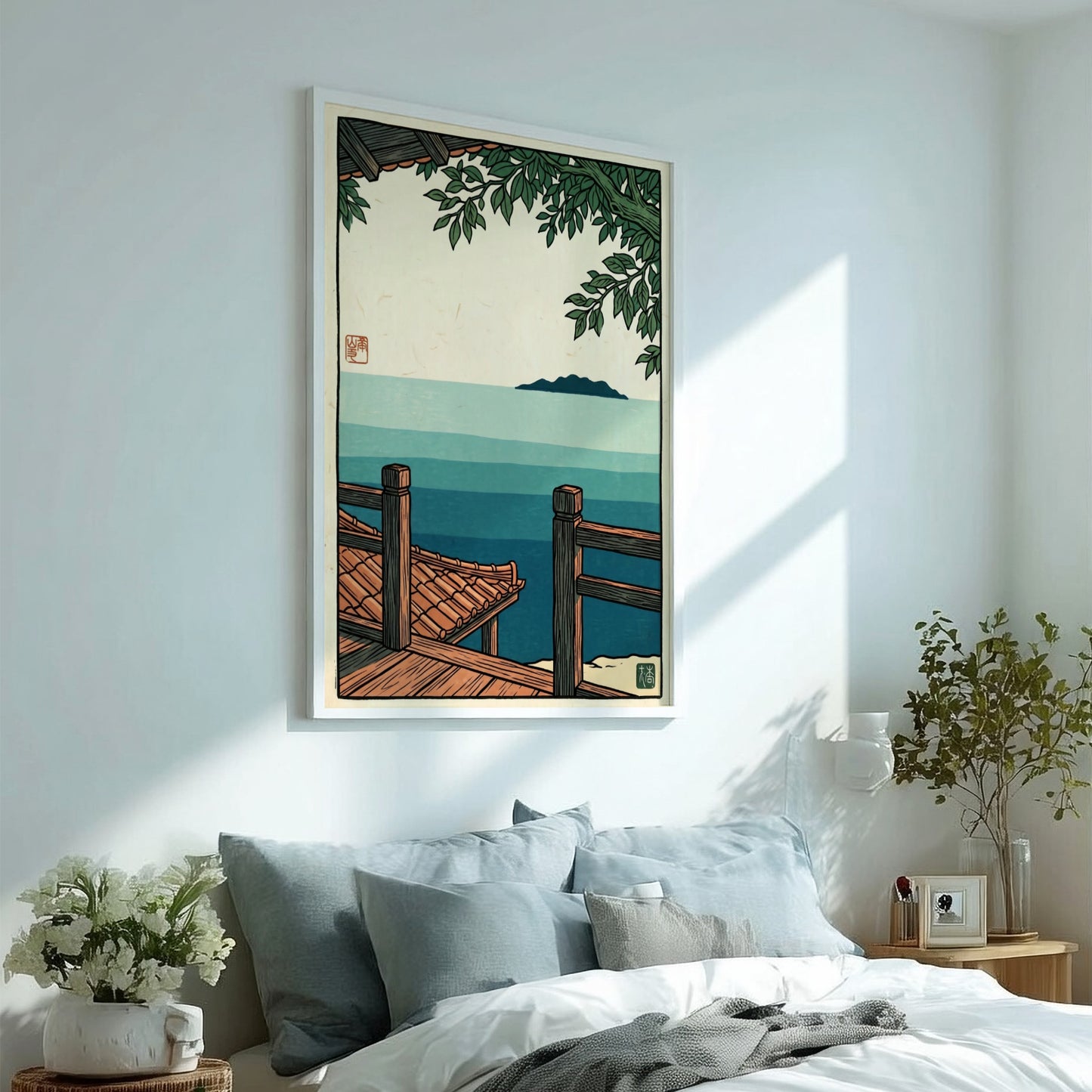 Japanese art style poster featuring a serene ocean view with a wooden veranda and distant island in soft blue