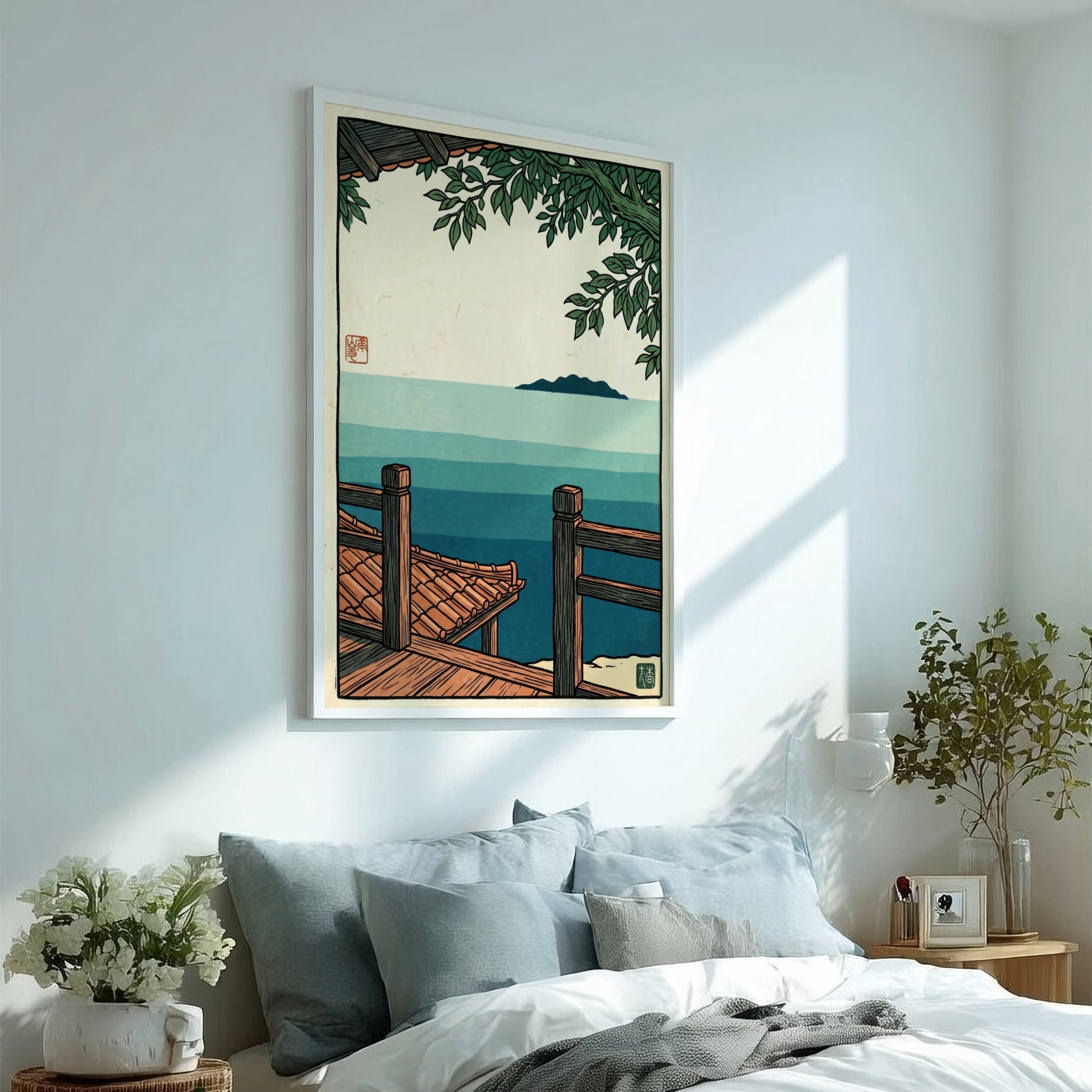 Japanese art style poster featuring a serene ocean view with a wooden veranda and distant island in soft blue