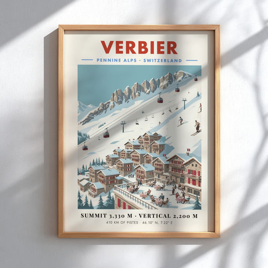 Ski resort poster featuring Verbier with snow-capped mountains and cozy chalets in a vintage style