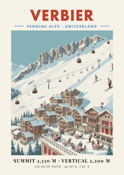 Ski resort poster featuring Verbier with snow-capped mountains and cozy chalets in a vintage style