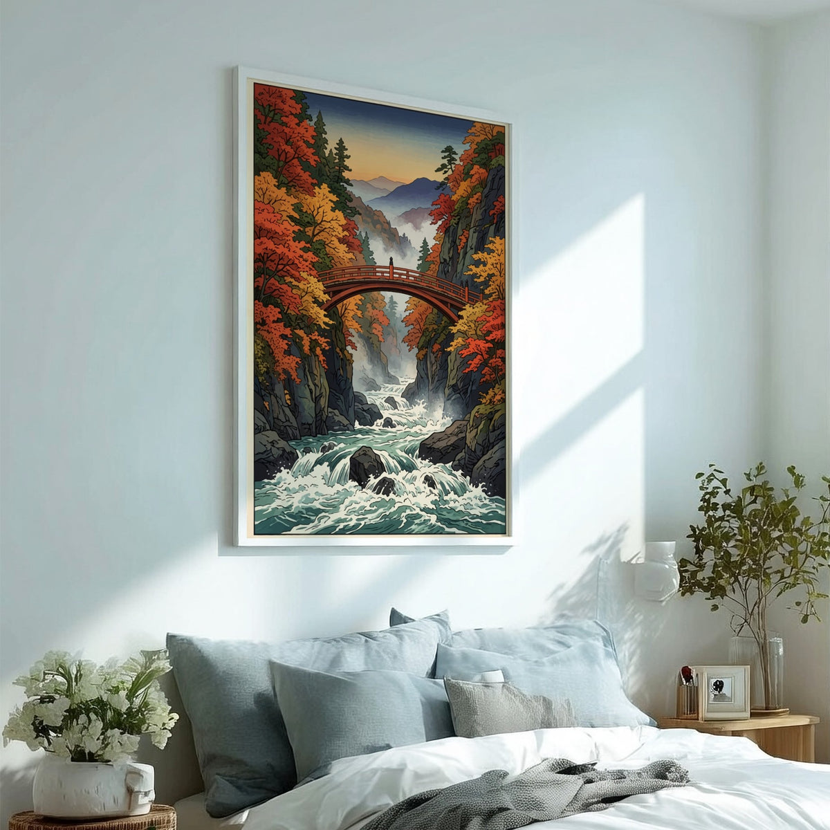 Poster featuring the Vermilion Bridge in Nikko surrounded by vibrant autumn trees and water.