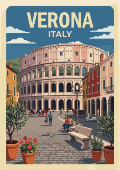 Verona Italy travel poster featuring a historic stone amphitheater surrounded by Mediterranean buildings.