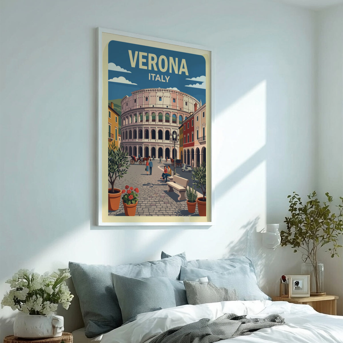 Verona Italy travel poster featuring a historic stone amphitheater surrounded by Mediterranean buildings.